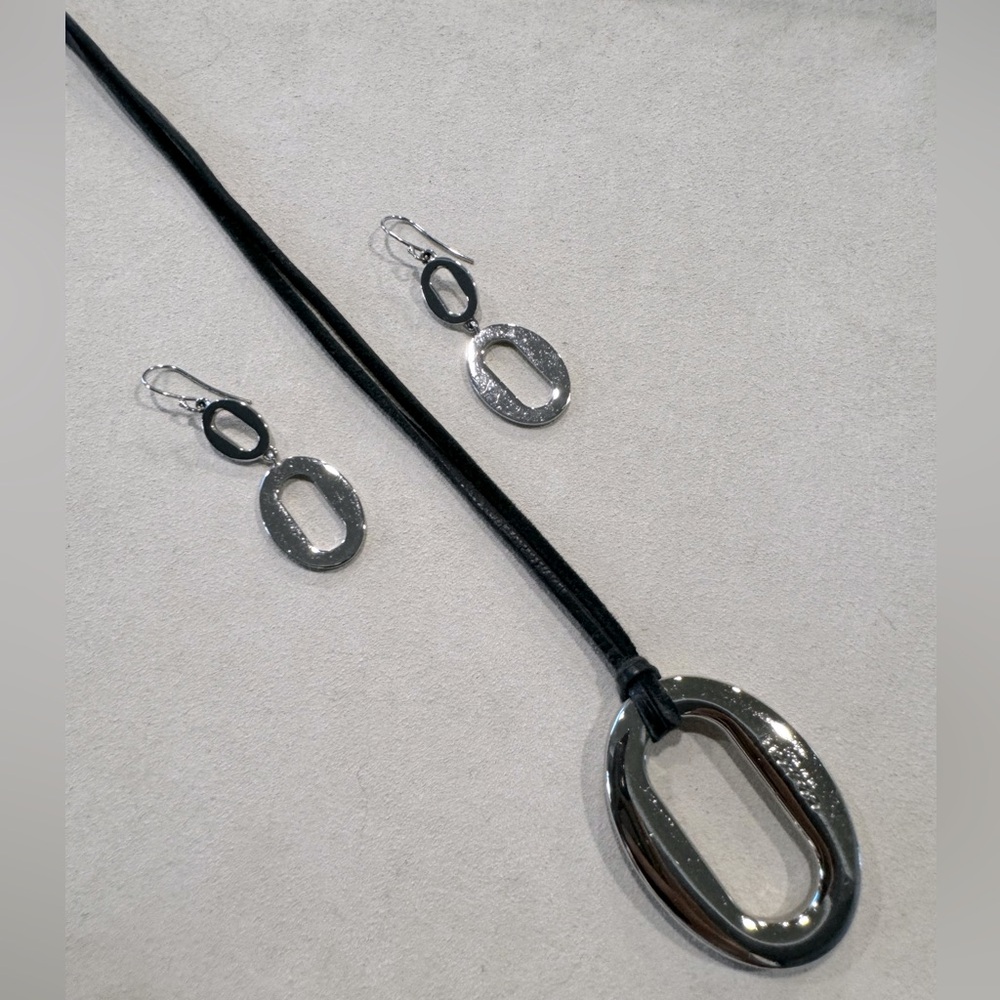 Coach leather cord oval silver tone necklace and earring set